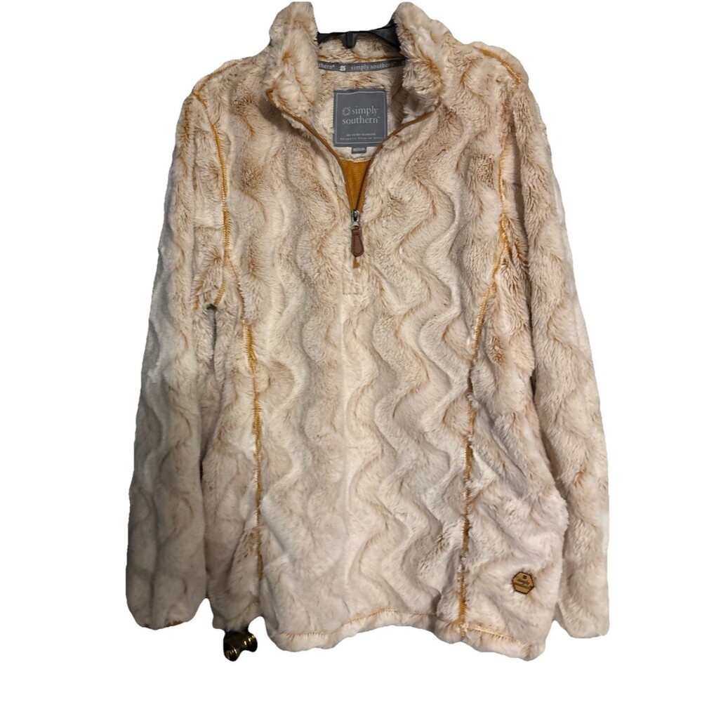 Simply Southern Women’s Medium Furry 1/4 Zip Pullover Tan Beige Pockets